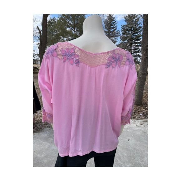 SOLD Vintage | 80s Dolman Sleeve Top Pink Purple Floral Lace 3/4 Sleeve L/XL - Picture 9 of 15